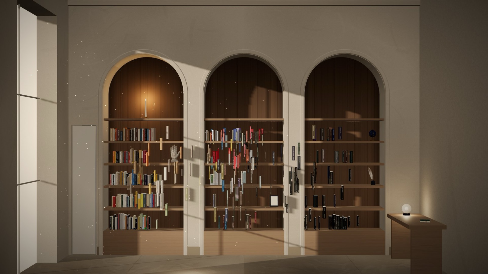 Hundreds of books in mid-air, flying to new places on the shelves