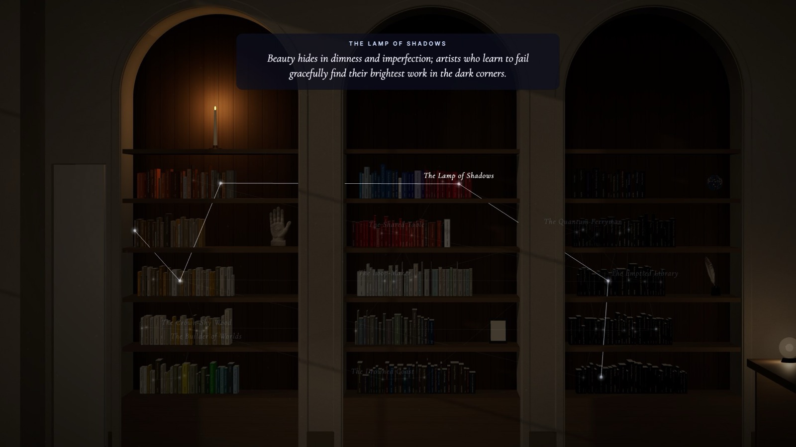 The library at night, with a constellation drawn between several books